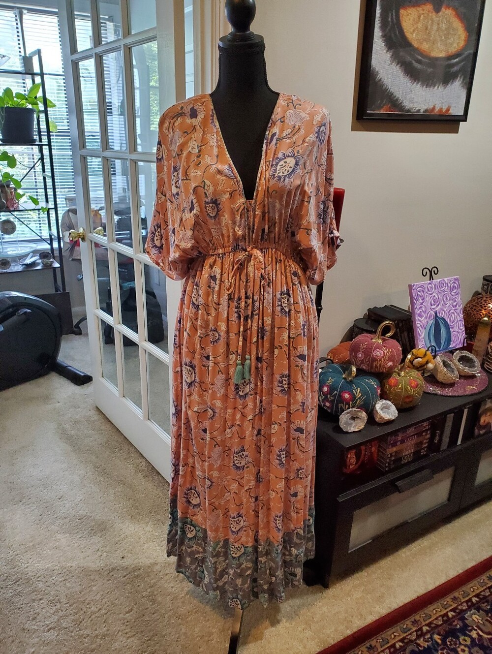 Boho Floral Peach Maxi Dress with Tassel Tie